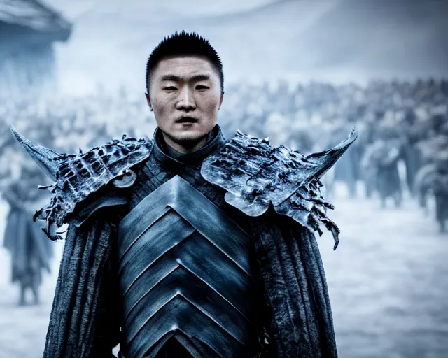 Image similar to justin sun as night king in game of thrones with giant crimson - black bees, 4 k, epic, cinematic, focus, movie still, fantasy, extreme detail, atmospheric, dark colour, sharp focus