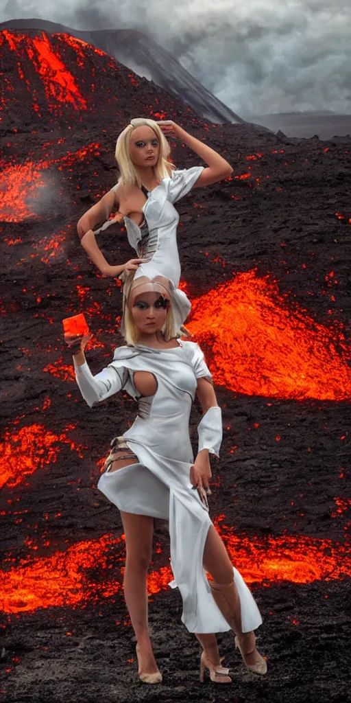 Prompt: volcano eruption post apocalyptic scene with a blonde cyber girl white dress futuristic mars mad max bladerunner stormy weather alien landscape