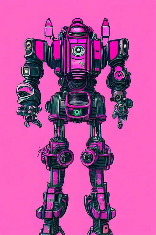 Image similar to pink mech robot - aesthetic, 4 k, acrylic paint style, pencil style, torn magazine style, pop art style, bioshock style, by mike swiderek, jorge lacera, ben lo, tyler west, ultrarealistic, sharp focus, intricate