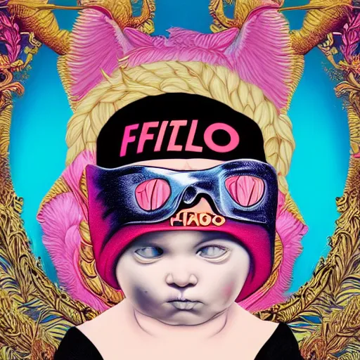 Image similar to Lofi vaporwave portrait baby cherub angel, ski mask, balaclava, face covered, Gucci, Nike, Chanel, multiple gold chains, Pixar style, Tristan Eaton, Stanley Artgerm, Tom Bagshaw