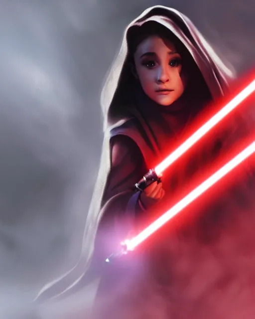 Prompt: Award winning photo of Ariana Grande as a sith lord igniting her light saber, Star Wars concept art by Colin Cantwell, Sith Lord. Dramatic Lighting, Cinematic Lighting, Artstation, volumetric fog, action photography, hyper-realistic, 8K resolution, 4K resolution