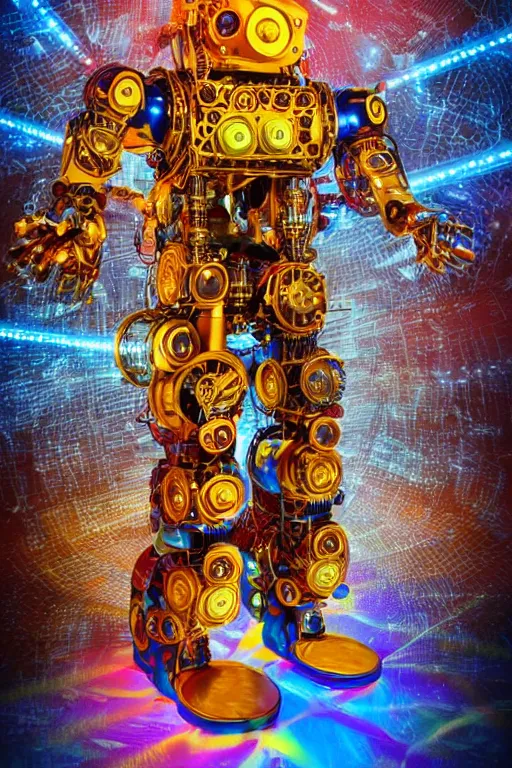 Image similar to portrait photo of a giant huge golden and blue metal humanoid steampunk robot guitarplayer covered with multicolored big gears and tubes, a huge red guitar, eyes are glowing red lightbulbs, shiny crisp finish, 3 d render, 8 k, insaneley detailed, fluorescent colors, background is multicolored lasershow