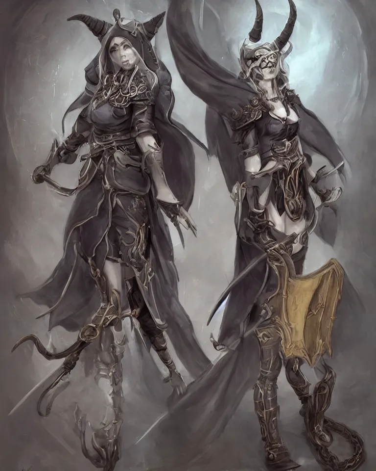 Prompt: female character concept art of tiefling cleric gunslinger holding pistol wearing a nun veil with demon horns on top, full body, grey skin, fine detailed painting, demon tail, blue cleric priestess robe with golden embroidery, final fantasy character art style, game character design, dark fantasy