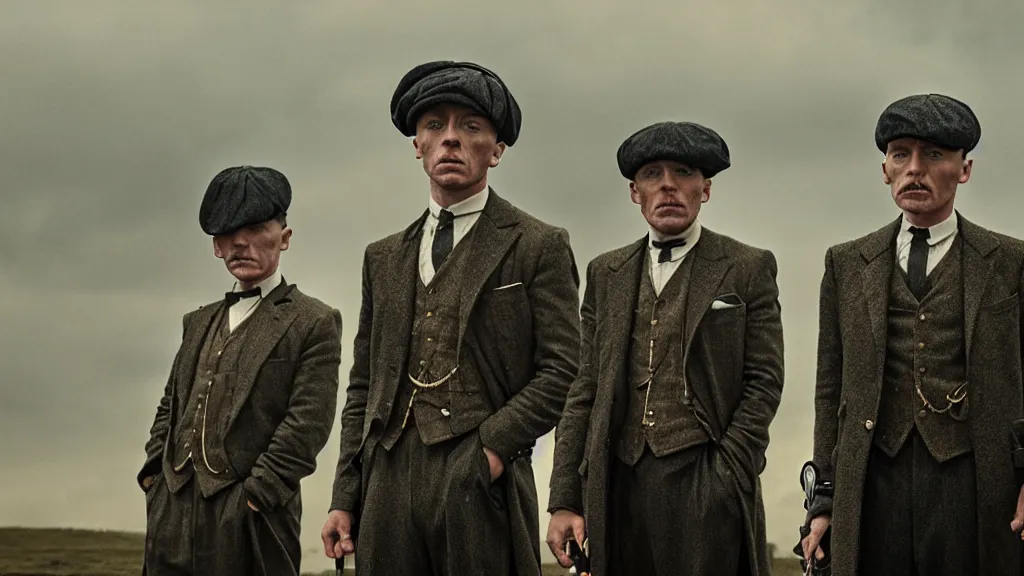 Image similar to the peaky blinders made out of peanuts, film still from the movie directed by denis villeneuve with art direction by zdzis