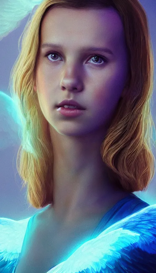Prompt: portrait art of millie bobby brown or alicia vikander as a blonde angel, art by alessio albi 8 k ultra realistic, angel wings, lens flare, atmosphere, glow, detailed, intricate, full of colour, led lighting, trending on artstation, 4 k, hyperrealistic, focused, extreme details, unreal engine 5, masterpiece