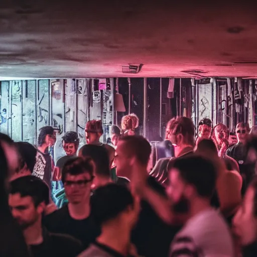 Prompt: photograph of a lot of people inside of a rundown hidden club, closeup, brutalism, retrofuturism, cyberpunk, sigma 85mm f/1.4, 35mm, 4k, depth of field, high resolution, 4k, 8k, hd, full color