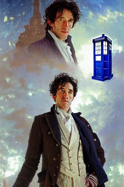 Prompt: The Eighth Doctor standing next to the TARDIS, portrait by Stanley Artgerm Lau, greg rutkowski, thomas kindkade, alphonse mucha, loish, norman Rockwell