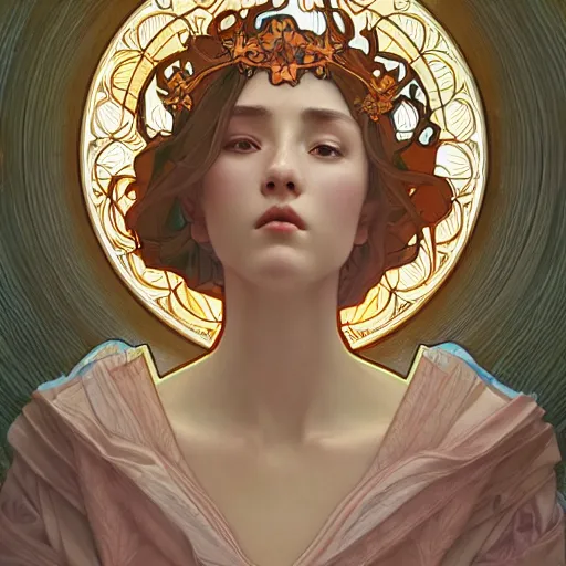 Image similar to a Portrait of A goddess in a church with a holy light emanating from her body by wlop and alphonse mucha,In style of digital art illustration.hyper detailed,smooth, sharp focus,trending on artstation,4k