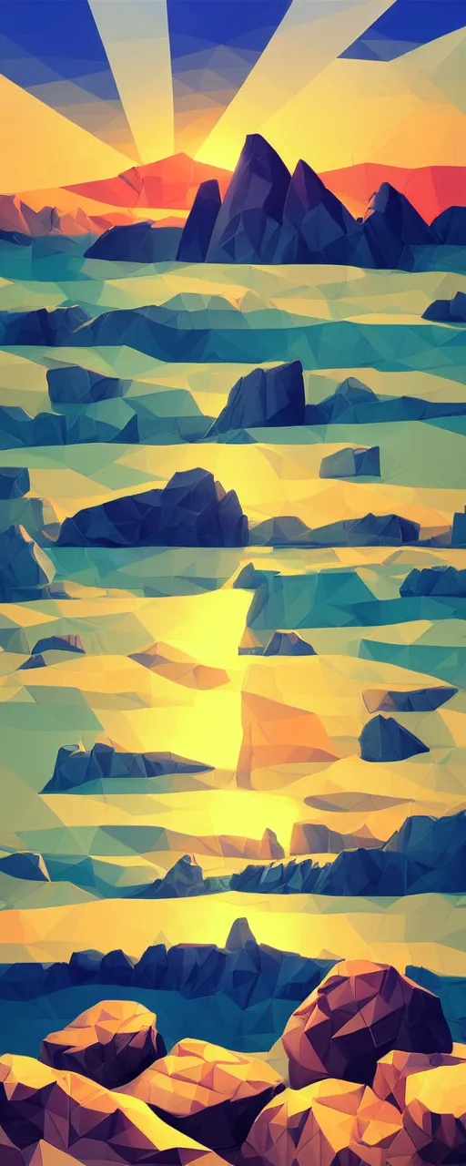 Image similar to super detailed color cutout lowpoly art, northern sunset with rocks on front, monochrome photorealistic bay in the middle of perspective and mountains at background, big graphic vessel in the middle of composition, unreal engine, high contrast color palette, 3 d render, lowpoly, colorful, digital art, perspective, full volume composition, robb cobb, robert mccall, syd mead