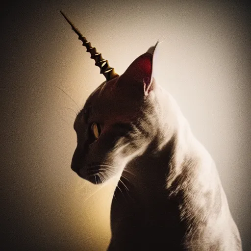 Prompt: portrait of cat unicorn, 5 0 mm soft room lighting