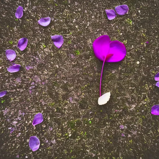 Prompt: closeup photo of 1 lone purple petal flying above a city city park, aerial view, shallow depth of field, cinematic, 8 0 mm, f 1. 8