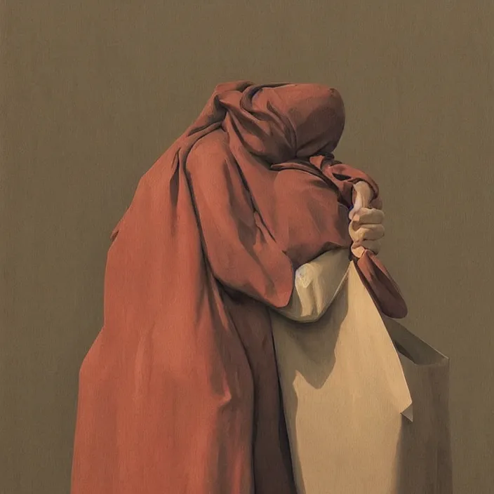 Prompt: two women hugging with a paper bag over the head dressed in plastic bags, highly detailed, artstation, art by, , edward hopper, Zdzislaw Beksinski, highly detailed