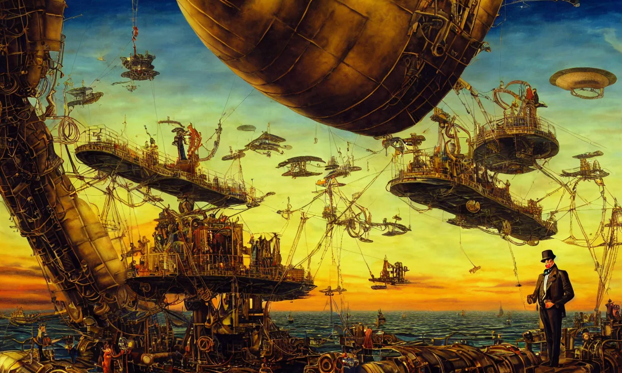 Prompt: close up of a gentleman navigator standing on deck of his steampunk zeppelin flying over a vast ocean of a very large language model, observing giant flying robot harvesters collecting data relations in the background, painted by josh kirby, ligne claire, very detailed and colorful, low light, sundown