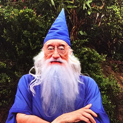 Prompt: instagram vacation photo of dumbledore the wizard wearing his wizard hat and wizard swim trunks at hawaii