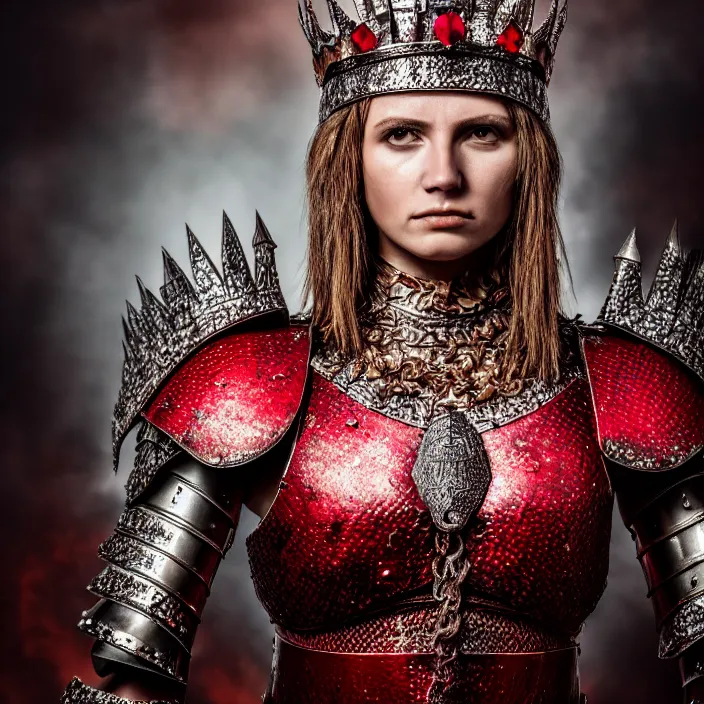 Image similar to full length photo of a beautiful strong warrior queen wearing ruby encrusted armour, highly detailed, 4 k, hdr, smooth, sharp focus, high resolution, award - winning photo