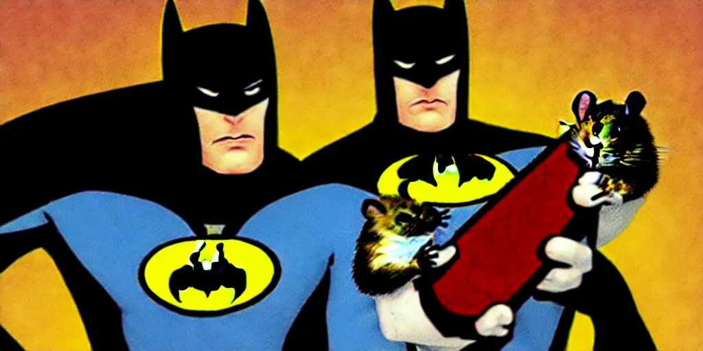 Prompt: The Batman poses with a hamster in his hand, comic book style