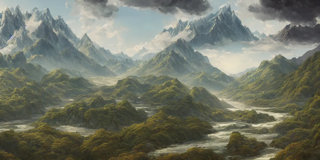 Prompt: a beautiful painting of a scene about a panorama of rivers and mountains, by james jean and yuumei and wang ximeng, trending on artstation., ultrawide viewn and highly detailed matte painting