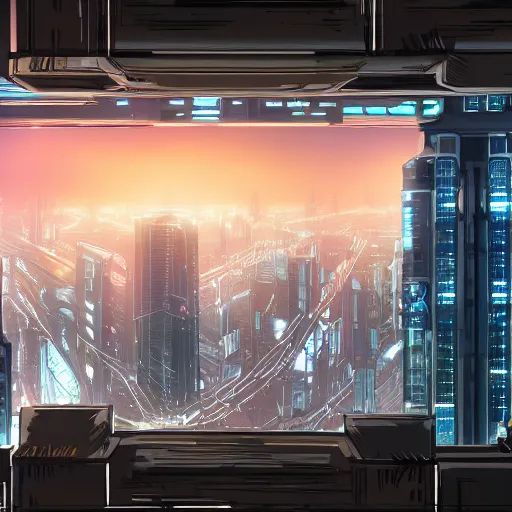 Prompt: looking outside from a penthouse suite at the top of the highest skyscraper in the middle of a cyberpunk city at night, very detailed, flying cars, trending on artstation