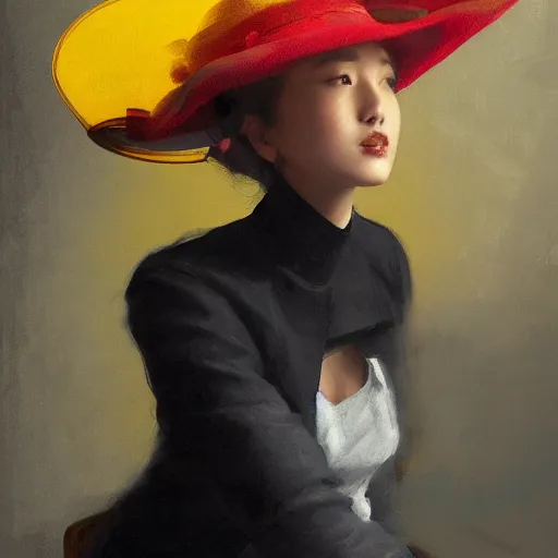 Prompt: a girl wearing a red fedora hat singing in a studio, sitting on a stool, extremely detailed digital painting, in the style of fenghua zhong and ruan jia and jeremy lipking and peter mohrbacher, predominant colors are black and yellow, rim light, beautiful lighting, 8 k, raytracing, octane, trending on artstation