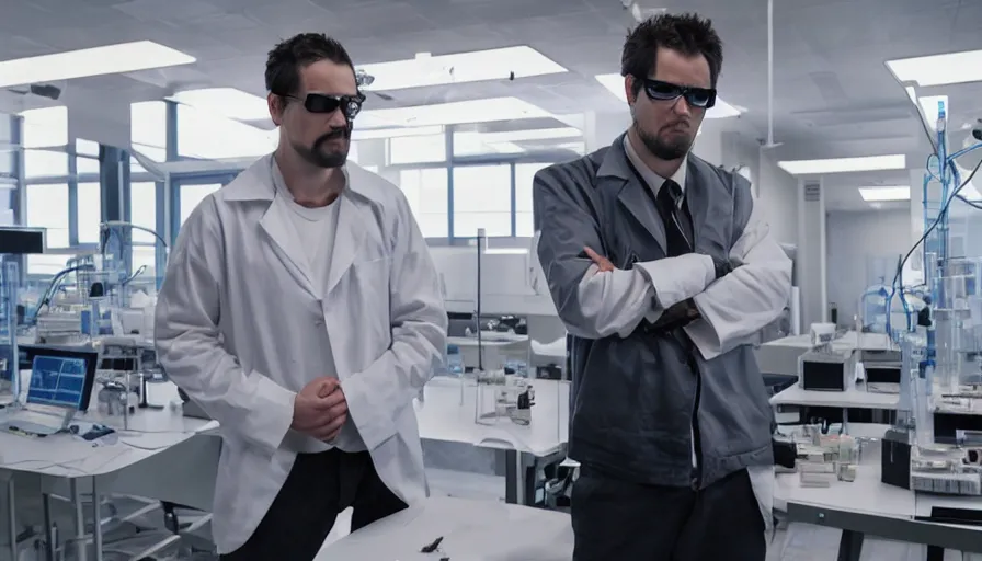 Image similar to big budget action movie about evil satanist hacker in a science lab