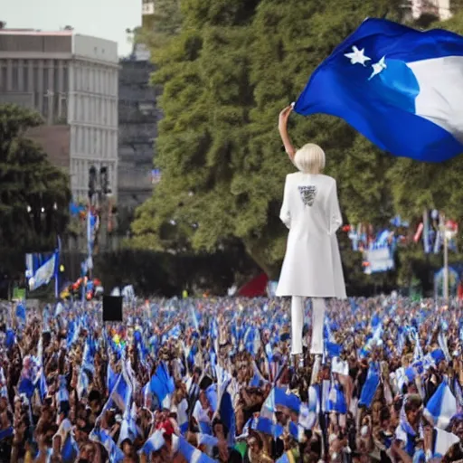 Image similar to Lady Gaga as president, Argentina presidential rally, Argentine flags behind, bokeh, giving a speech, detailed face, Argentina