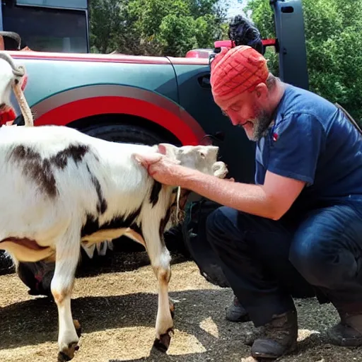 Image similar to a jew milking a goat in a fire truck