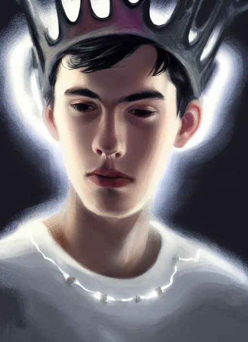 Image similar to portrait of teenage jughead jones wearing a light grey crown, photorealistic, crown, eyes closed, crown, black hair, intricate, elegant, glowing lights, highly detailed, digital painting, artstation, concept art, smooth, sharp focus, illustration, art by wlop, mars ravelo and greg rutkowski