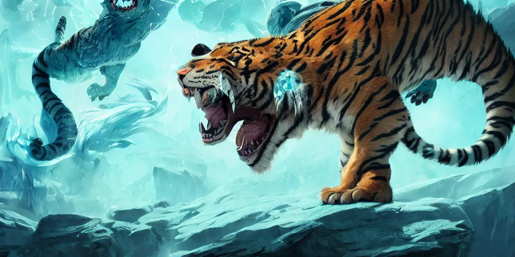 Image similar to Ghostly tiger creature made out of turquoise energy character design sheet, Monster Hunter Illustrations art book, Bright sparks, claws, huge sabertooth fangs, Moebius, Greg Rutkowski, Zabrocki, Karlkka, Jayison Devadas, Phuoc Quan, trending on Artstation, 8K, ultra wide angle, zenith view, pincushion lens effect.