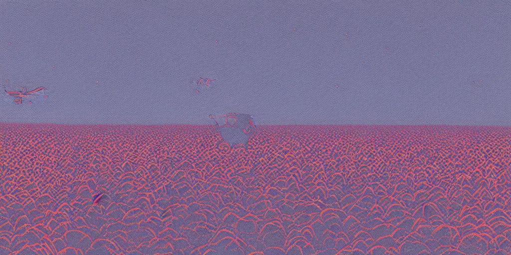 Image similar to risograph grainy painting of tomorrow harvest, i see drones, by moebius and dirk dzimirsky and satisho kon, blue hour, close - up wide portrait