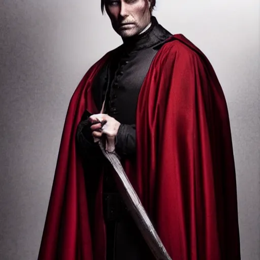 Image similar to mads mikkelsen as a vampire, male, late - 4 0 s aged, shoulder blade length, slicked black hair, red irises, clean shaven, wearing a cape, regal, royal, grim facial expression, high medieval fantasy, full color digital art, cinematic shot, full body shot.