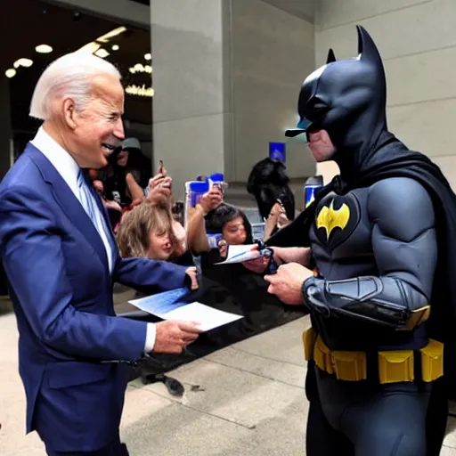 Prompt: joe biden dressed as batman and signing autographs