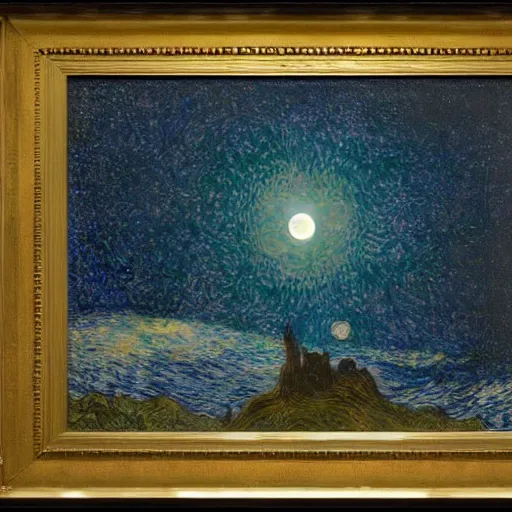 Prompt: stars, solar eclipse, looming over the earth, hdr, hq, painting by gustave dore and vincent van gogh and claude monet and thomas kinkade and kuniyoshi utagawa, aizome, masterpiece