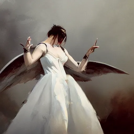 Image similar to Painting by Greg Rutkowski, an opera singer in a white dress with wings on stage