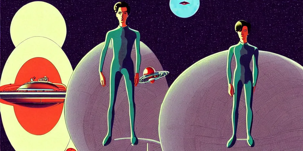 Prompt: a symmetrical portrait of lonely single Alain Delon alone pilot in posing in spaceship station planet captain bridge outer worlds extraterrestrial hyper contrast well drawn in FANTASTIC PLANET La planète sauvage animation by René Laloux