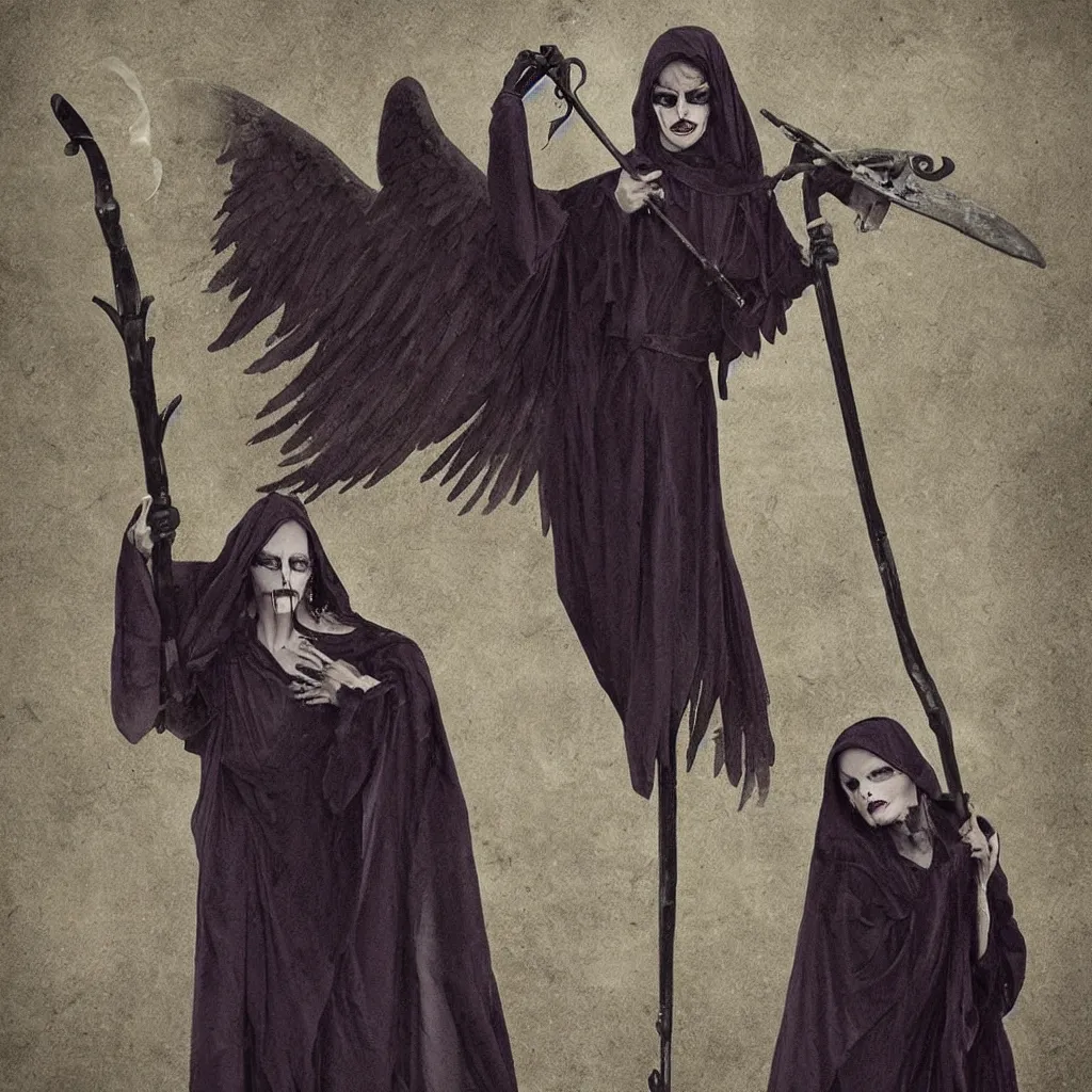 Prompt: angel of death as a pretty faced woman shedding a single tear holding a scythe, violet eyes, black robe, diamond earring, silver necklace, standing alone in a field looking directly at you and melancholy