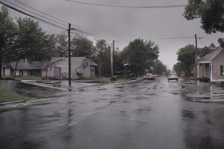 Prompt: a detailed photograph of a 1 9 7 0 s american neighborhood by gregory crewdson, photoreal, 4 k, rain