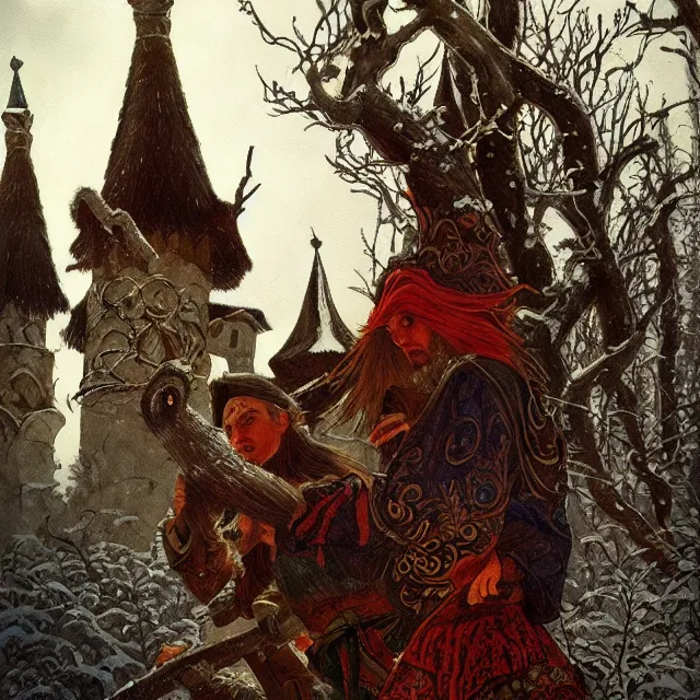 Image similar to russian folk fairytale, story, fable, dramatic, fantasy art, an ultrafine detailed painting, academic art, ornate, inticate, elegant, sharp focus, artstation, by pavel korin, viktor vasnetsov