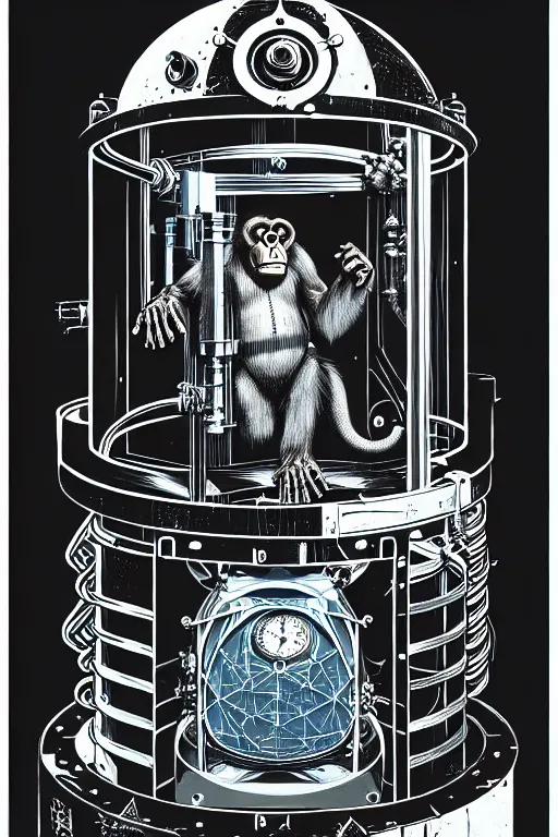 Prompt: steampunk cryo chamber containing an ape, high details, intricately detailed, by vincent di fate, inking, 3 color screen print, masterpiece, trending on artstation,, sharp, details, hyper - detailed, hd, 4 k, 8 k