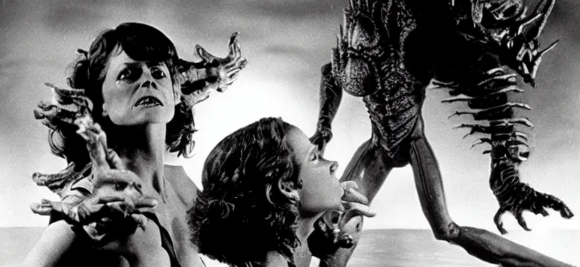 Prompt: sigourney weaver fighting a monster in a film still from a roger corman film, hyperrealistic