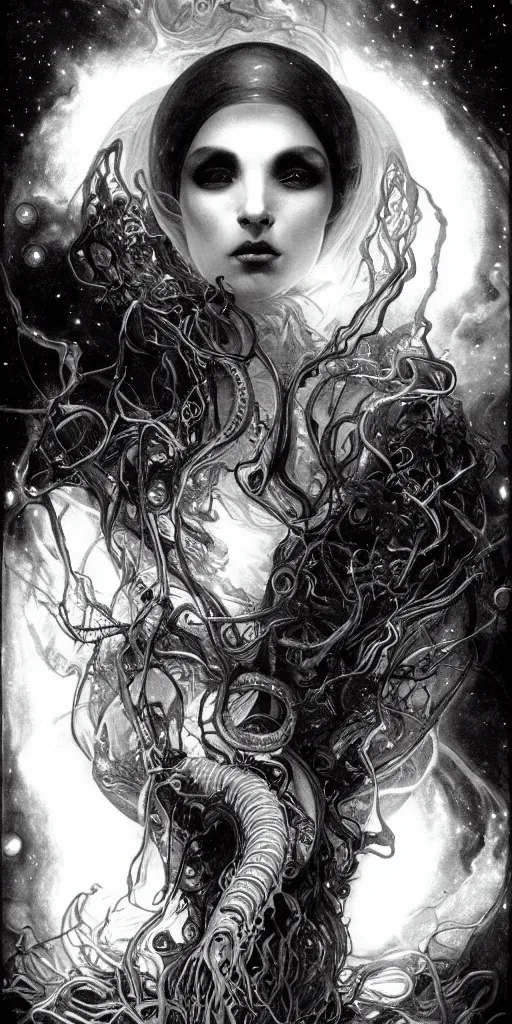 Prompt: intense glowing black metal pagan god with tentacles and intense black eyes in very dark cosmic space nebula by karol bak and alphonse mucha and h r giger, portrait, fantasy, clear, light beams, lens flare, soft, uhd, amazing depth, cinematic lighting, purple and blue and black and white and metallic silver