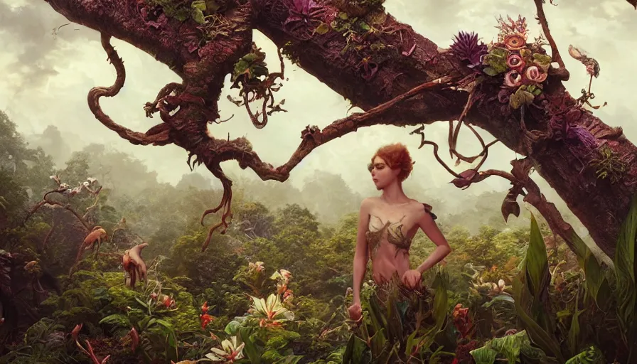 Image similar to Garden of Eden, Terrestrial Paradise, animals leaving in the paradise, creature design, insanely detailed and intricate, Charlie Bowater, Tom Bagshaw, Norman Rockwell, high resolution, photorealistic, octane rendered, unreal engine, illustration, trending on artstation, masterpiece, 8k