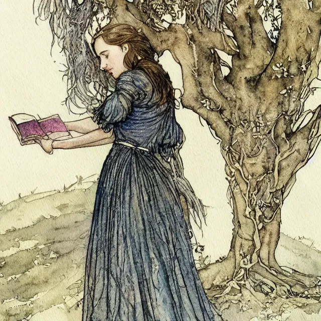 Image similar to a detailed, intricate watercolor and ink portrait illustration with fine lines, of a lovely, pretty, young alicia vikander in a dress reading under a gnarled tree, by arthur rackham and edmund dulac