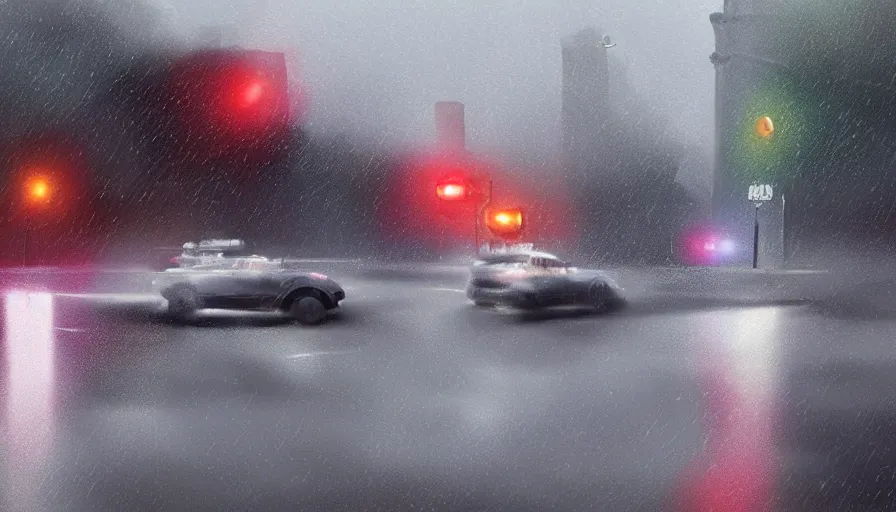 Image similar to cop car crossing washington dc streets during thunderstorm, sirens, hyperdetailed, artstation, cgsociety, 8 k