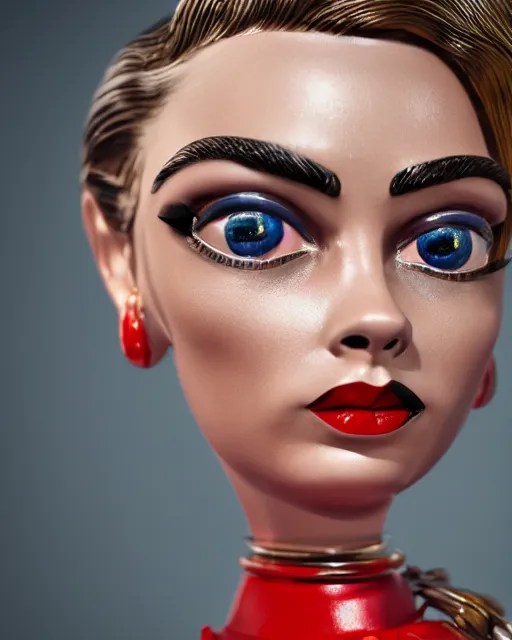 Image similar to highly detailed closeup, face profile portrait of a tin toy retro 1 9 5 0 s cara delevingne, bikini, depth of field, fashion photoshoot by max fleischer, breathtaking, detailed and intricate environment, 8 k resolution, hyperrealistic, octane render