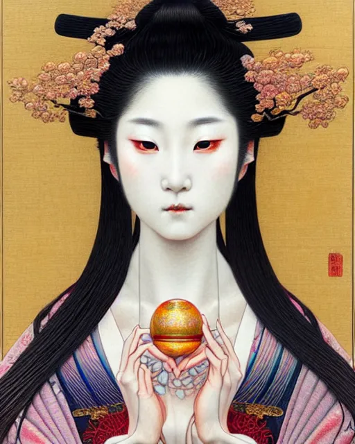 Image similar to portrait of a beautiful japanese goddess, unusual beauty, esoteric, muted colors, head in focus, fantasy art, ornamental aesthetics intricate, elegant, highly detailed, hyperrealistic painting, artstation, concept art, painterly, sharp focus, illustration, art by chie yoshii