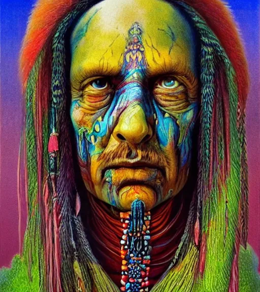 Image similar to Portrait painting in a style of Beksinski mixed with Alex Grey of an old shaman dressed in a colorful traditional clothes. Very psychodelic