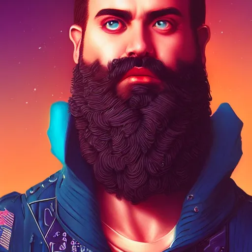 Image similar to Lofi vaporwave cyberpunk bearded man, Pixar style, Tristan Eaton, Stanley Artgerm, Tom Bagshaw