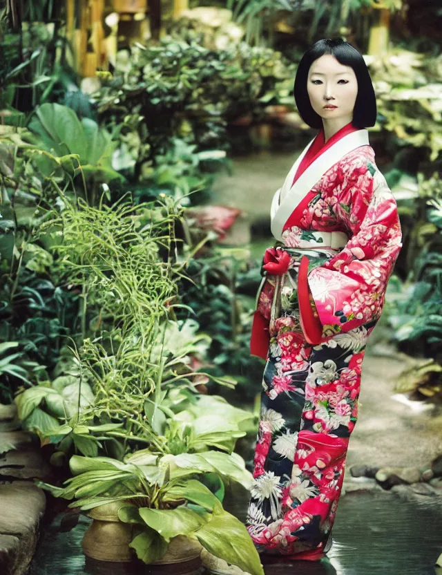 Image similar to fashion photograph of a pretty Japanese woman wearing a traditional kimono in an tropical greenhouse, by Annie Leibowitz, extremely detailed, large format camera, Fuji Provia film, 85mm lens, bokeh blurred background, photorealistic, trending on instagram, trending on artstation