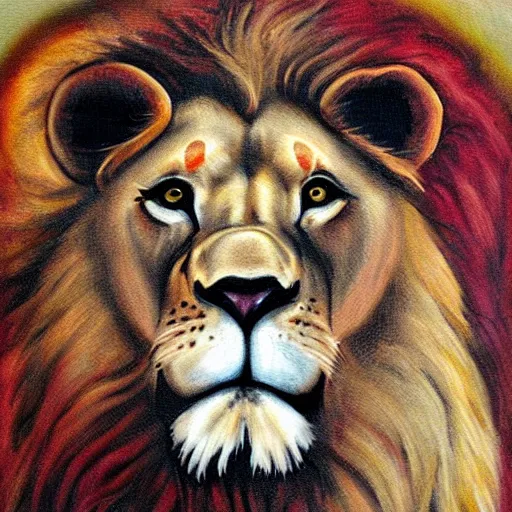 Prompt: lion with red spots above eyes, portrait, canvas texture, painting