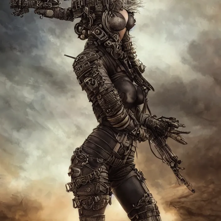 Image similar to beautiful apocalyptic woman with Mohawk, standing on mad max panzer tank, hyper-detailed, smooth, sharp focus, 4k ultra hd, fantasy dark art, tank girl, artgerm, artstation, octane render, elegant, detailed digital painting, apocalyptic art